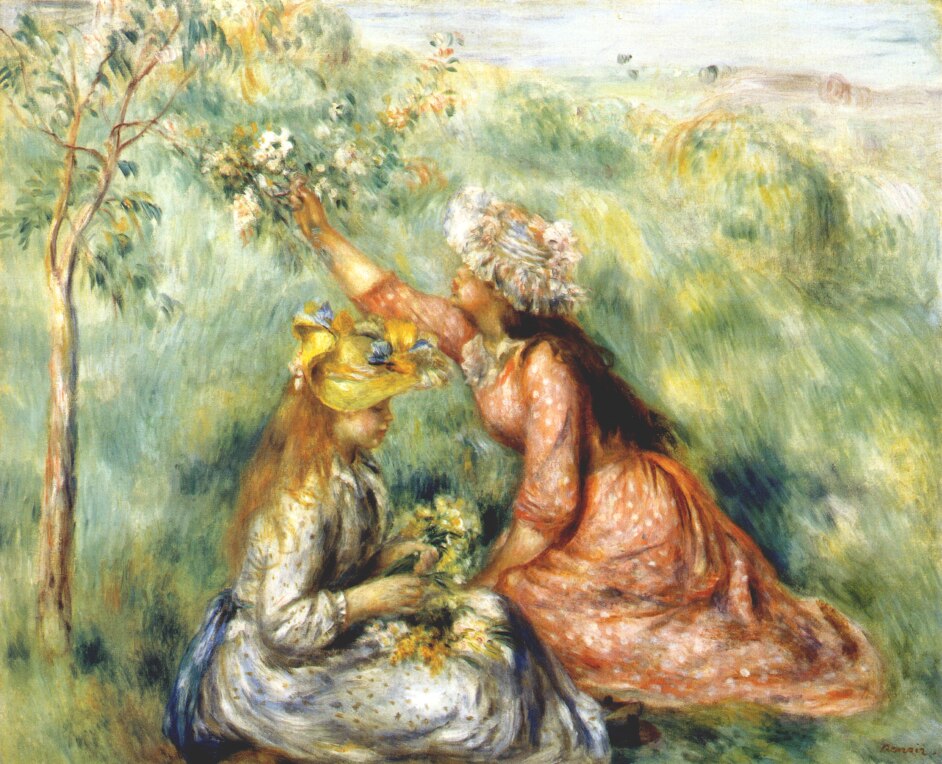 Girls picking flowers in a meadow Colored - Pierre-Auguste Renoir painting on canvas